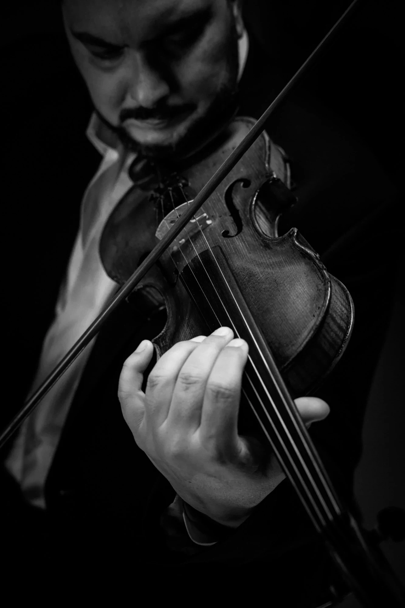 Black and white close-up of a violinist’s hands on the fingerboard and bow.